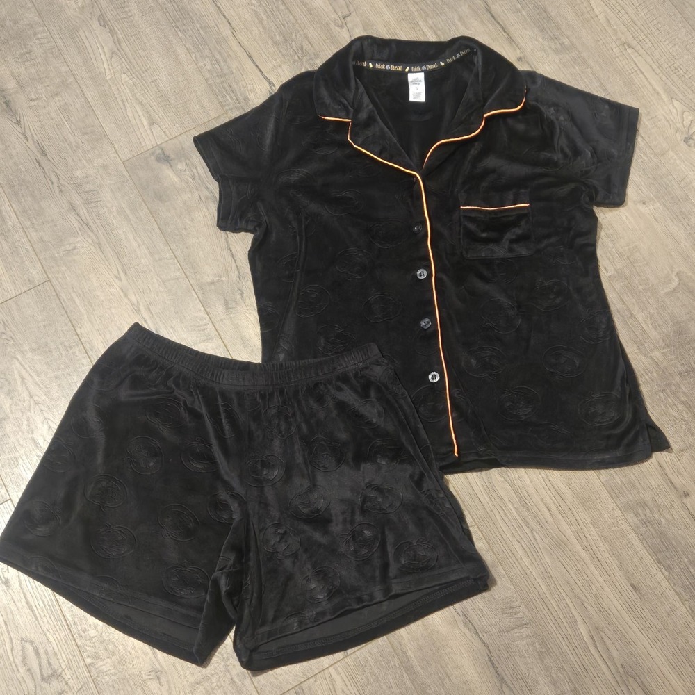 Trick or Treat Black Velour Pumpkins Set Women's S Halloween Short Sleeve 2pc